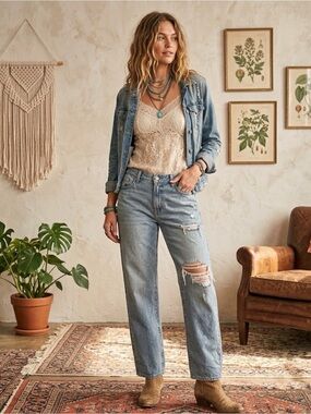 LEVI'S Baggy Dad Distressed High Rise Straight Wide Leg Jeans Light Wash 26